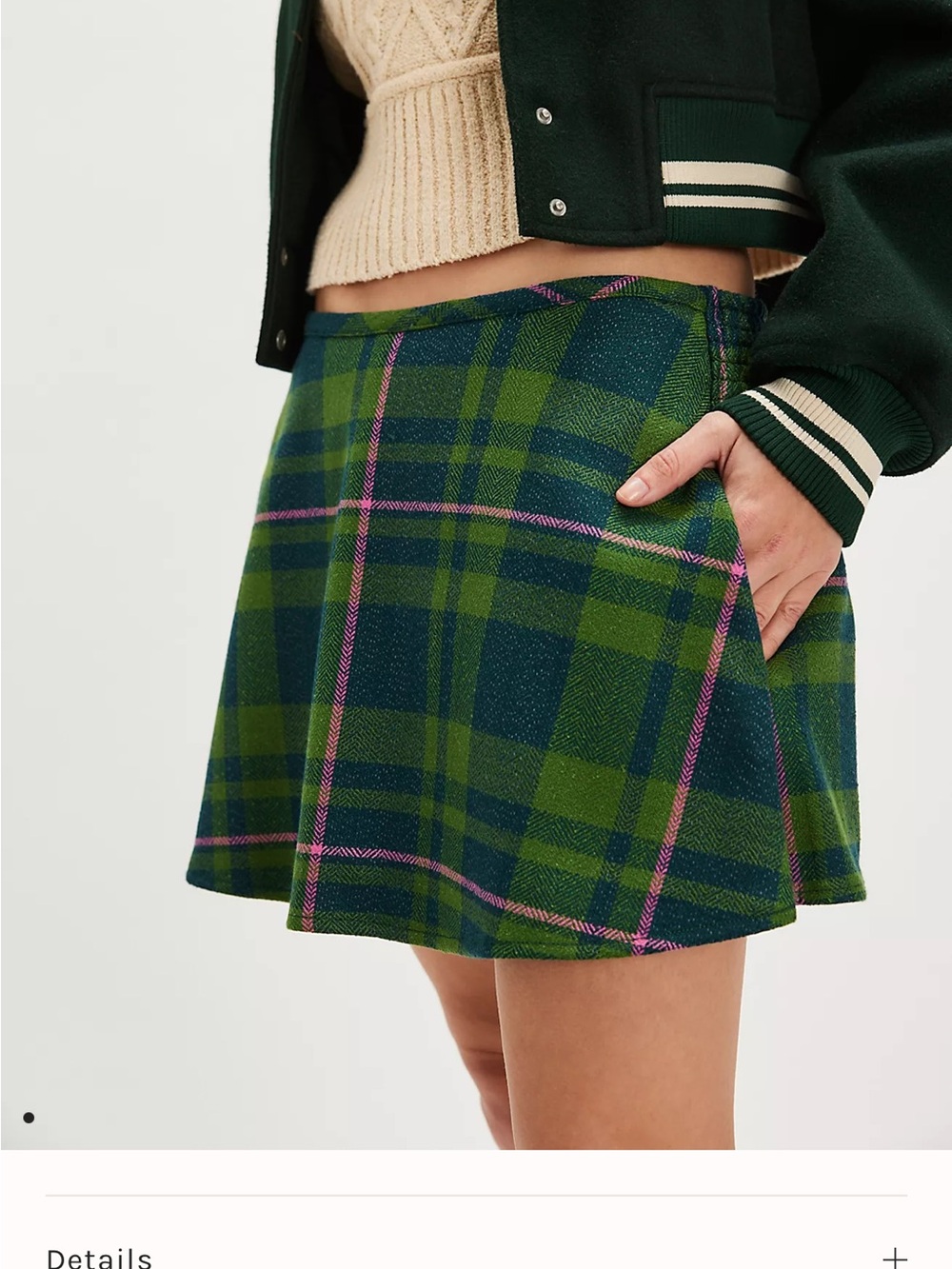 Free People Green Plaid Mini Skort with Pink Accents